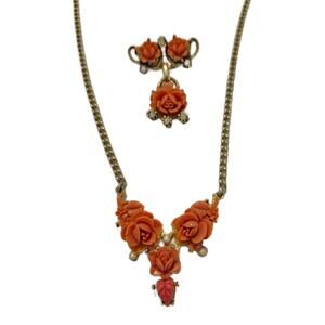 Vintage Carved Celluloid Coral Rose Necklace and Brooch